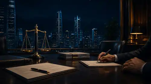 Cobranza prejudicial premium en reunión jurídica nocturna con vista urbana